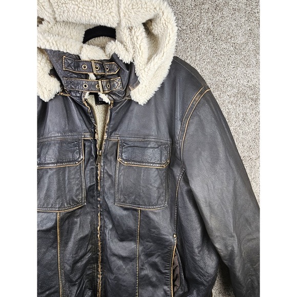 Vintage Wilsons Bomber Moto Buckle Leather Faux Fur Hood Patina Jacket Mens 2XL - Picture 1 of 16